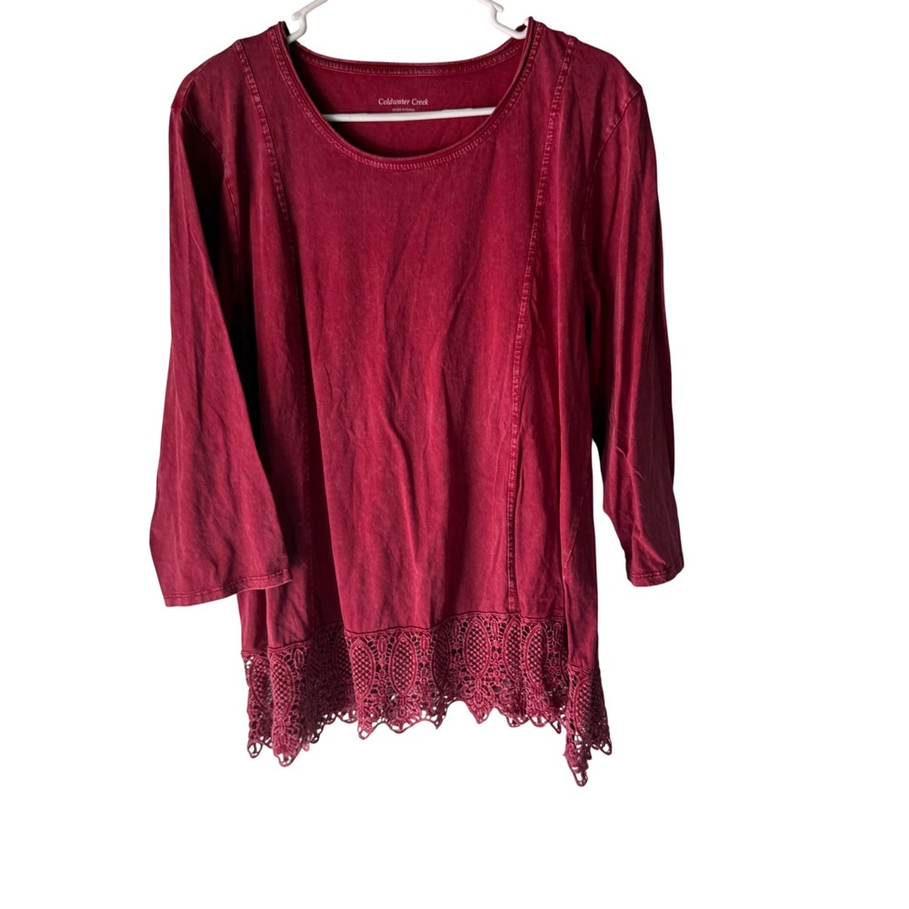 Coldwater Creek Women P XL Red Lace Trim Tunic Top Long Sleeve Boho Peasant